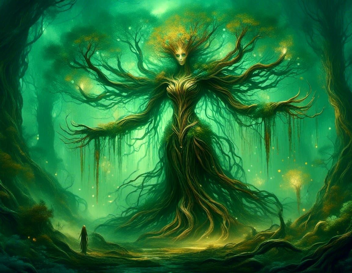 Mystical Dryad in Fantasy Forest: Vibrant Oil Painting
