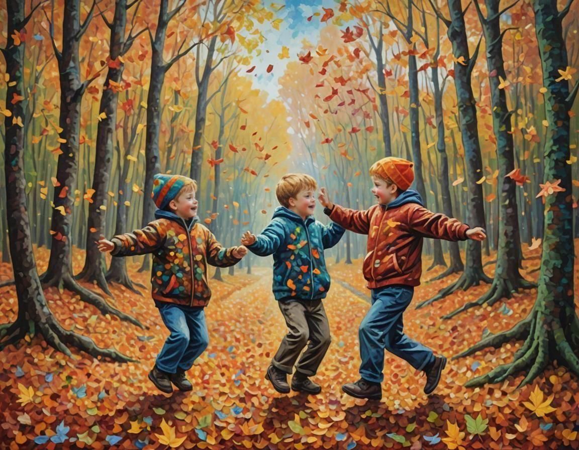 Boys Dancing in Autumn Woods, Pointillism Style