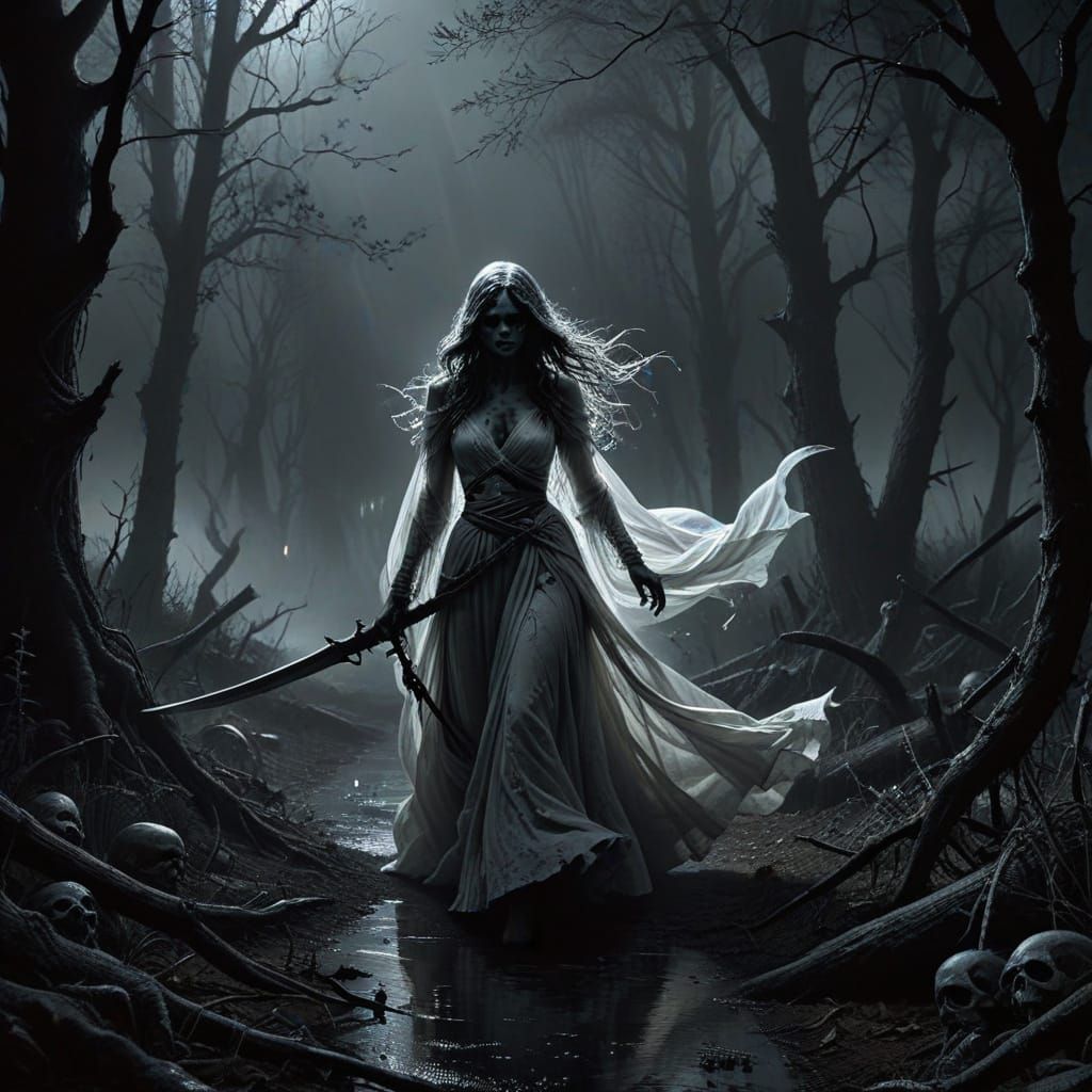 Terrified Girl Fleds from Grim Reaper in Dark Forest