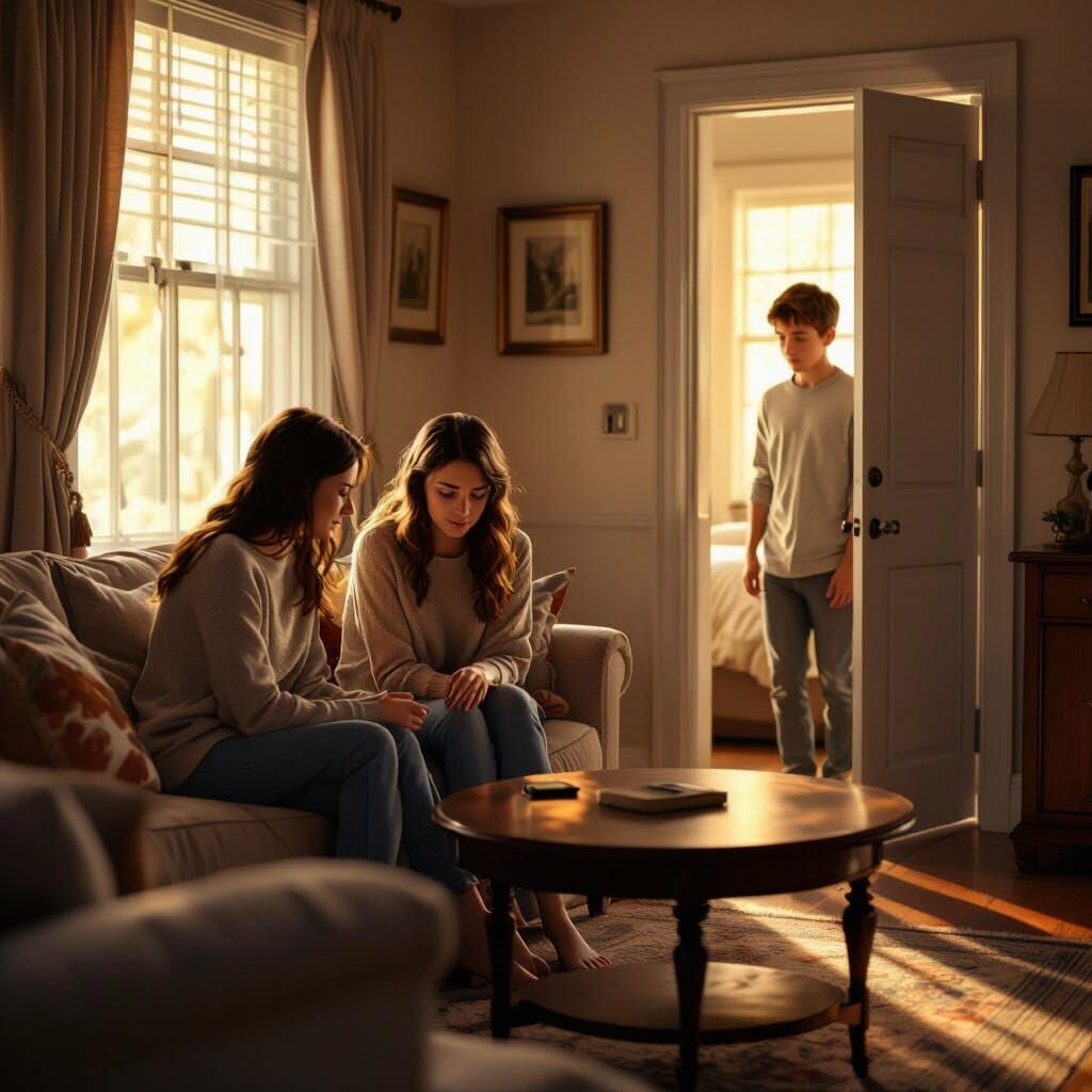 Emotional Scene: Comforting Friend in Cozy Living Room