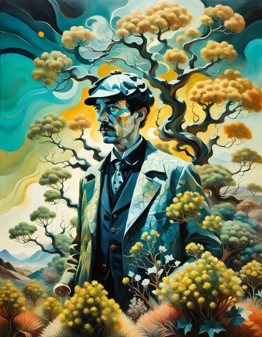 Sherlock Holmes in Surreal Fingerpunk Landscape, Oil Paintin...