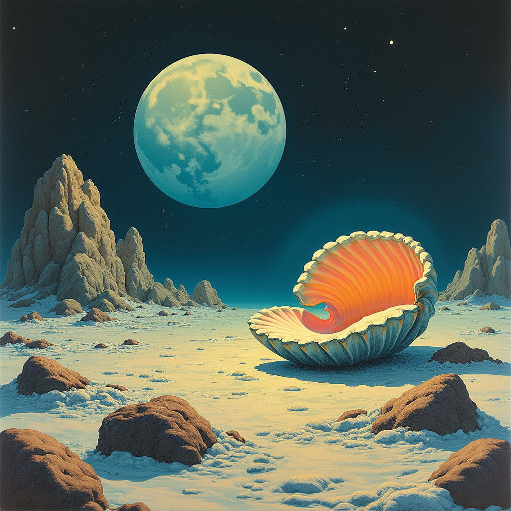 Psychedelic Lunar Clam in 1970s Sci-Fi Style