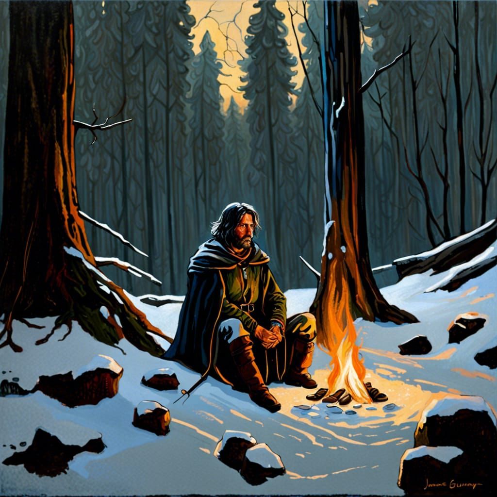 Aragorn by Campfire in Winter, Oil Painting