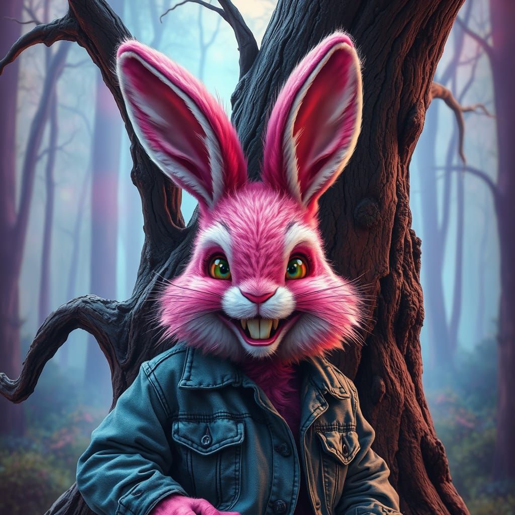 Pink Fluffy Bunny Lurking in Misty Forest, Psychotic Smile