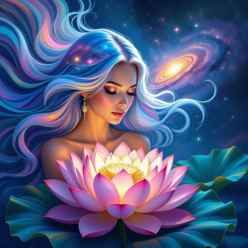 Galactic Lotus Woman in Surreal Dreamscape