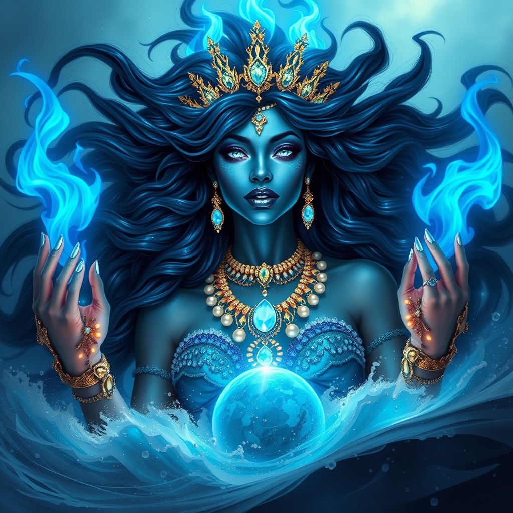 Turquoise Queen Rising from Ocean with Blue Flames