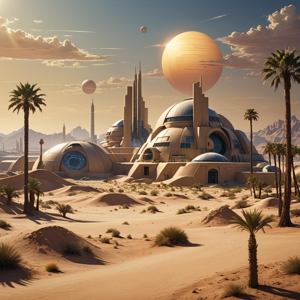 Art Deco Desert Landscape with Retro-Futuristic Elements