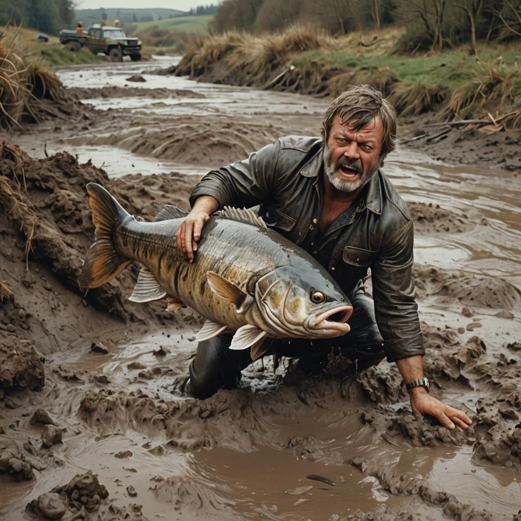 Man Punches Giant Fish in Mud: Photorealistic 3D
