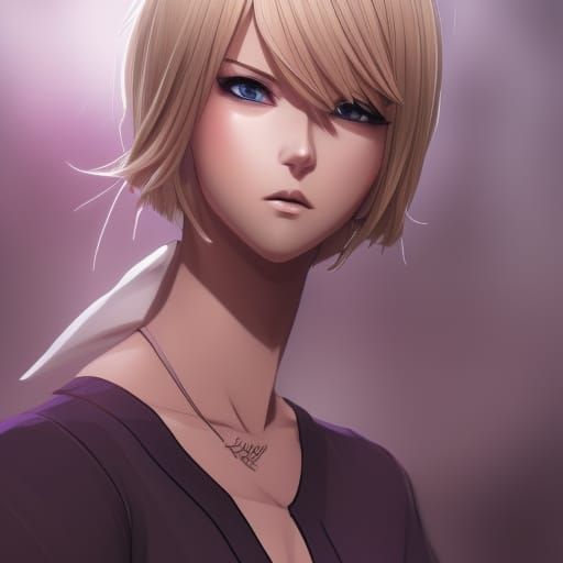 Anime Woman with Blonde Hair and Purple Eyes