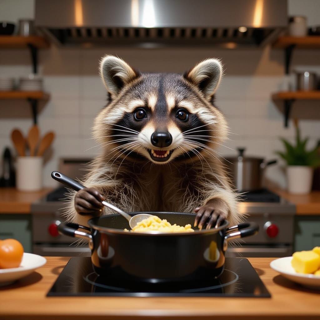 Raccoon Chef Hosts Lively Late-Night Cooking Show