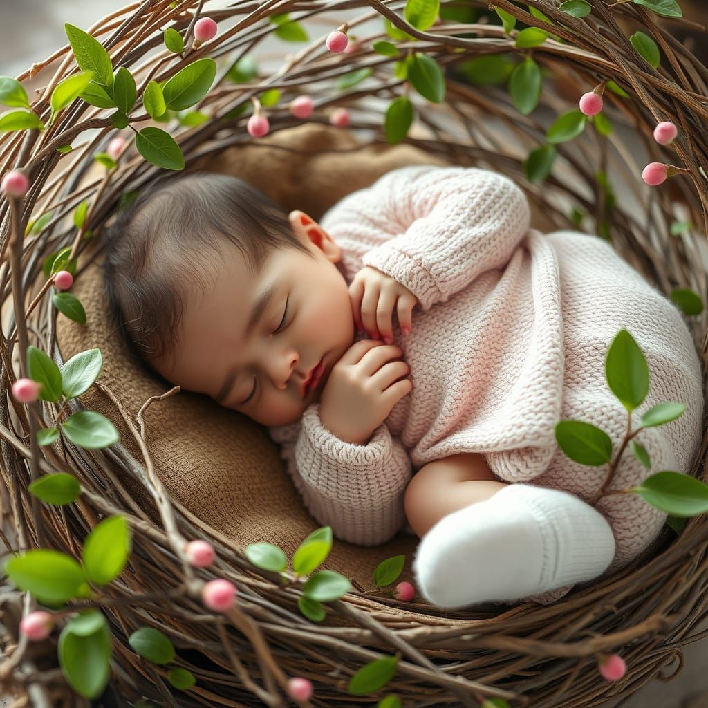 A mesmerizing masterpiece. The centerpiece is a satisfied newborn figure with a detailed and beautiful face. The natural...