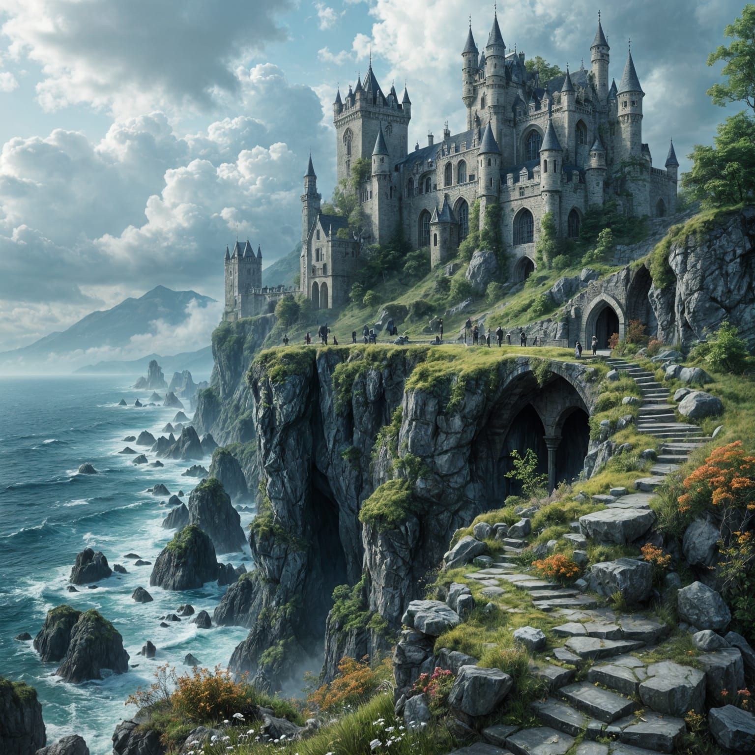 Ancient Castle Ruins on Stormy Cliff Overlooking Sea