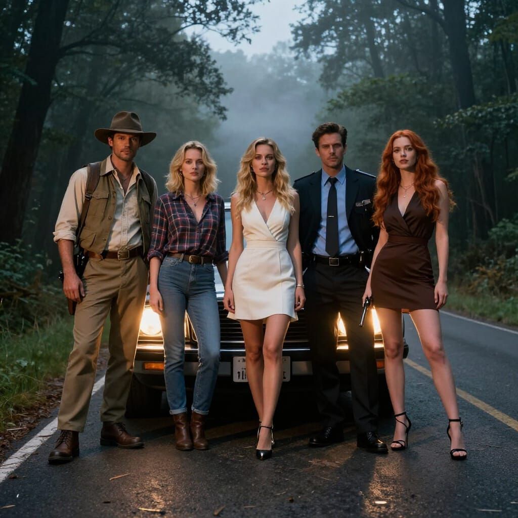 Adventurers on Misty Night Road in Cinematic Style