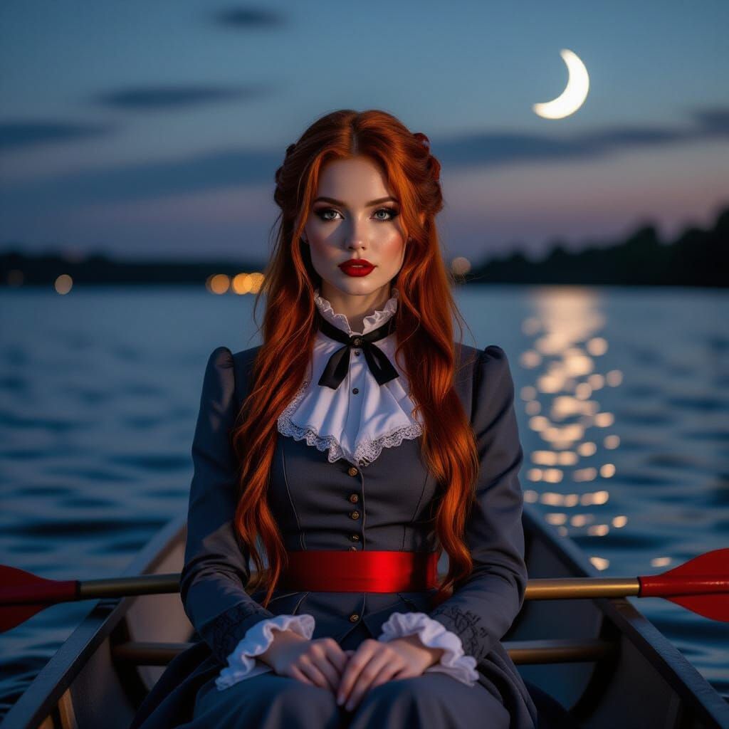 Emo Lady in Victorian Dress Canoeing Under Moonlight