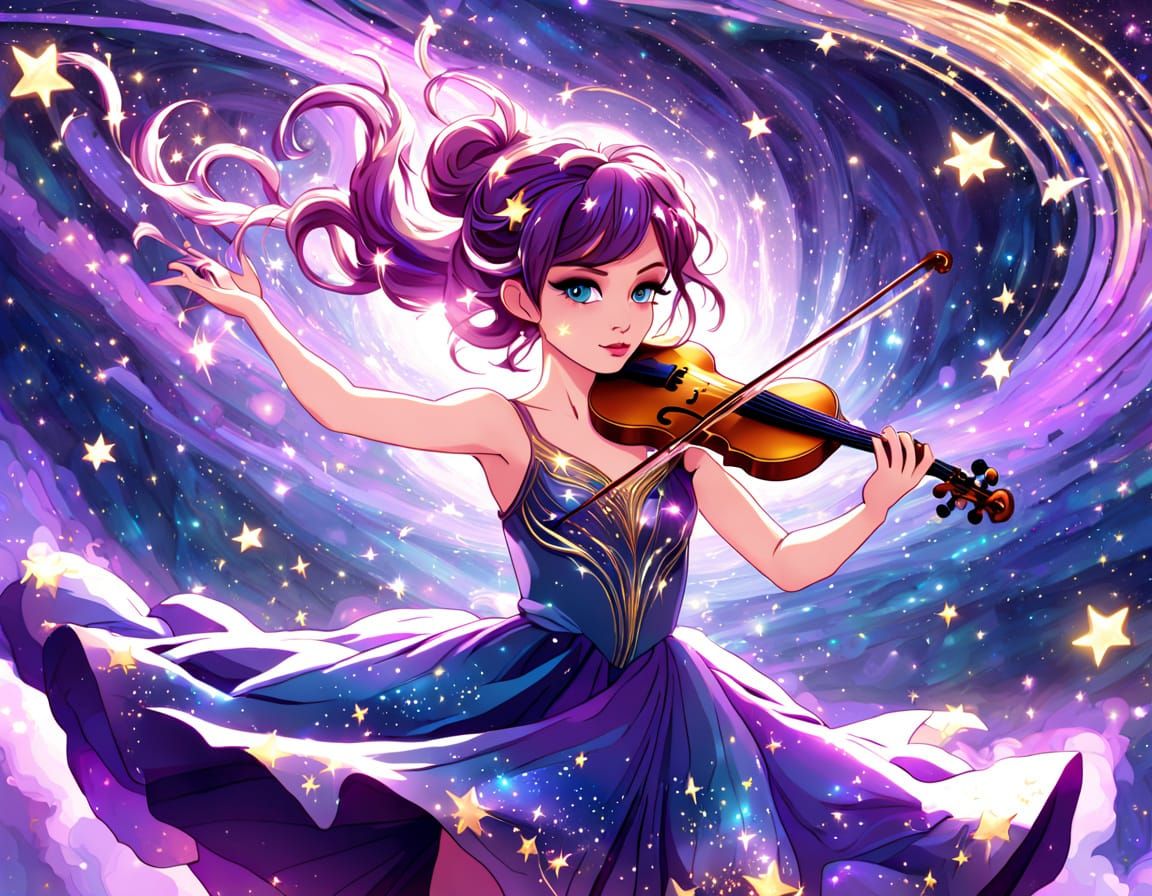 Cosmic Violinist in Vibrant Holographic Dance