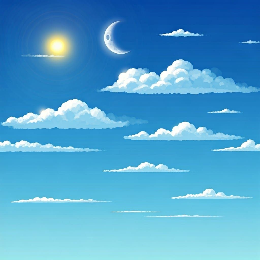 Dreamy Blue Sky with Sun and Moon
