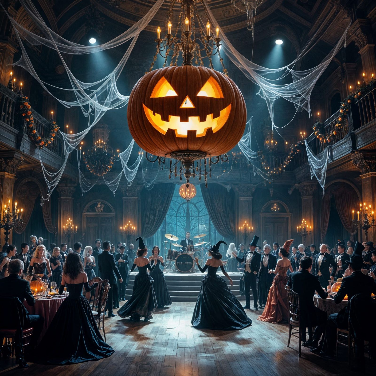 Halloween Gala With Pumpkin Chandelier and Skeleton Band