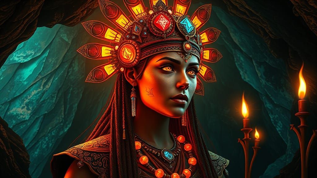 Ancient Regal Figure in Crystalline Cave, Art Nouveau