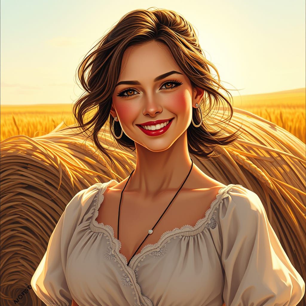 Sensual Heroine in Golden Light, Oil Painting Style