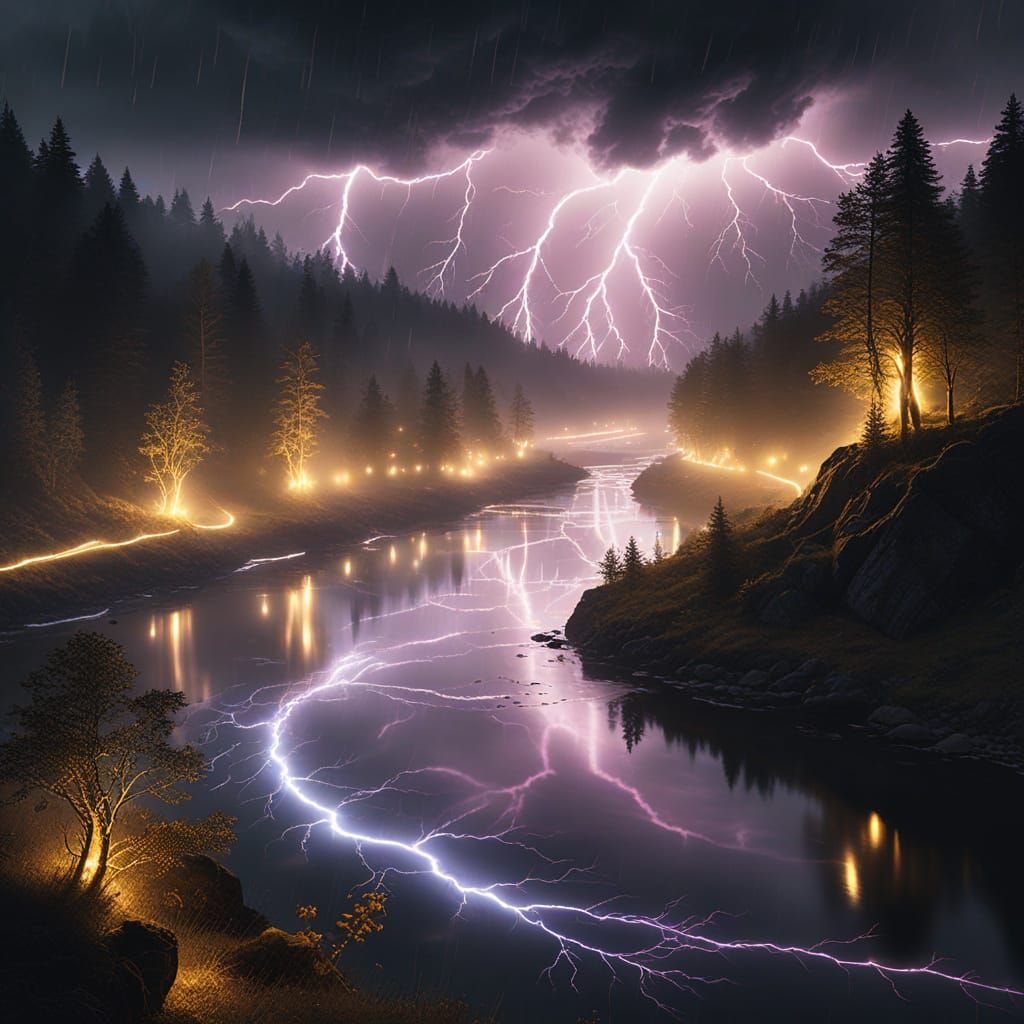 Ethereal Lightning Over River in Gilded Fantasy Style