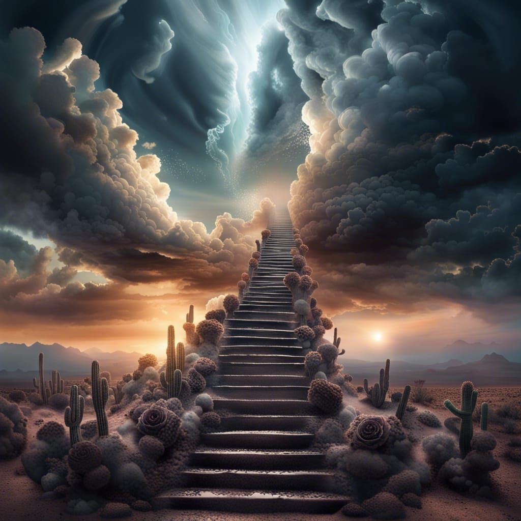 Cloud Stairway Over Desert Sunset in Volumetric Lighting