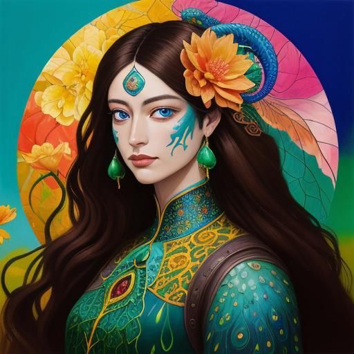 Dragon Peacock Woman in a Surrealist Oil Painting