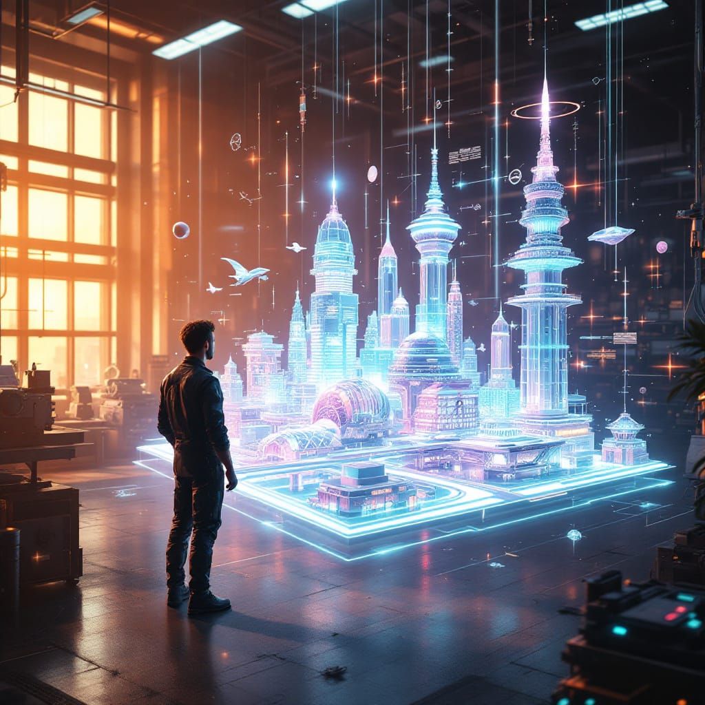 Futuristic Engineer in Workshop with Holographic City Schema...