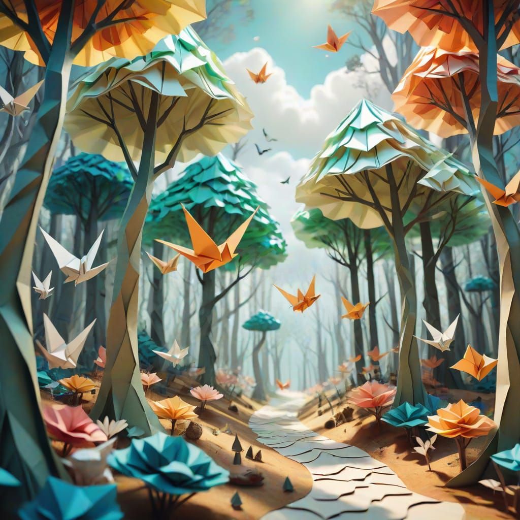Origami Creatures in a Paper Forest: 3D Concept Art
