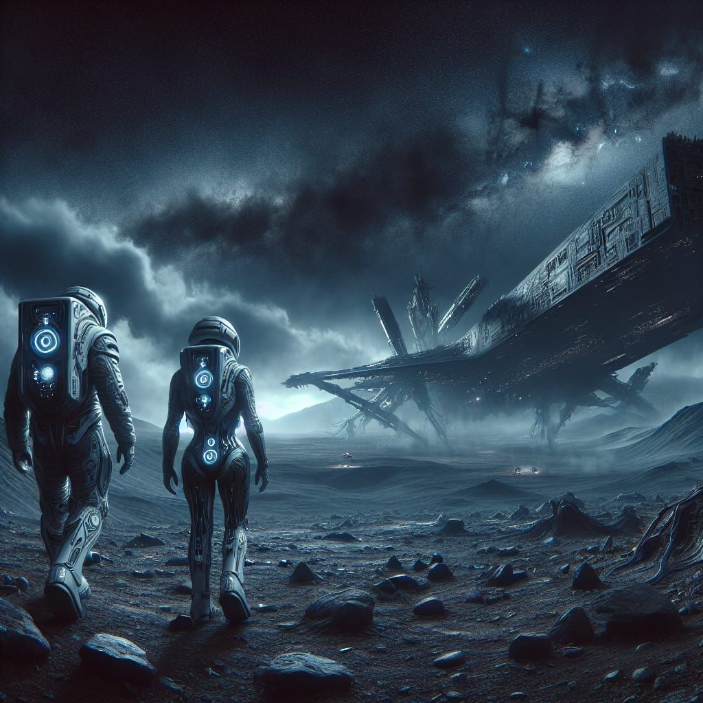 Crashed Spaceship on Alien Planet at Night