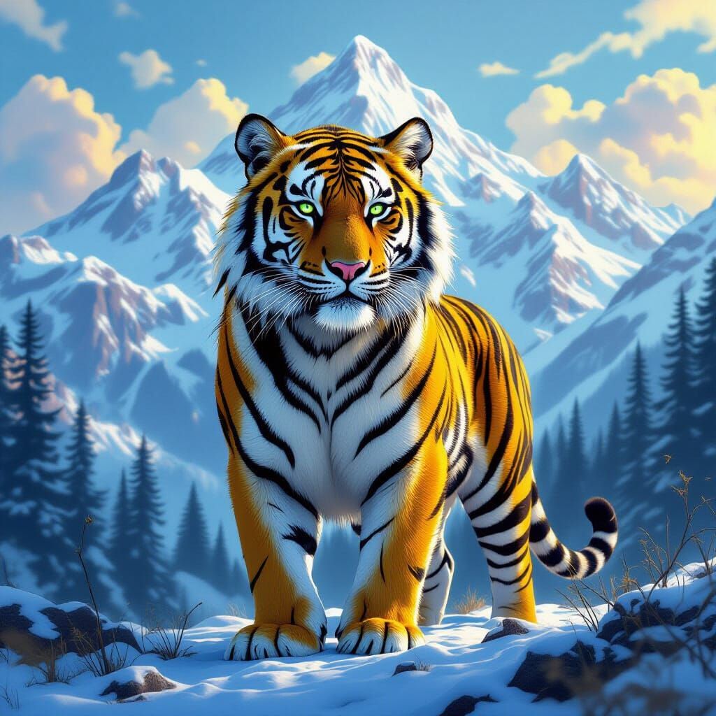 Bioluminescent Tiger on Snowy Peak