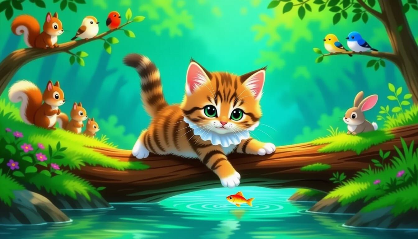 Whimsical Kitten Fishing in Enchanted Forest