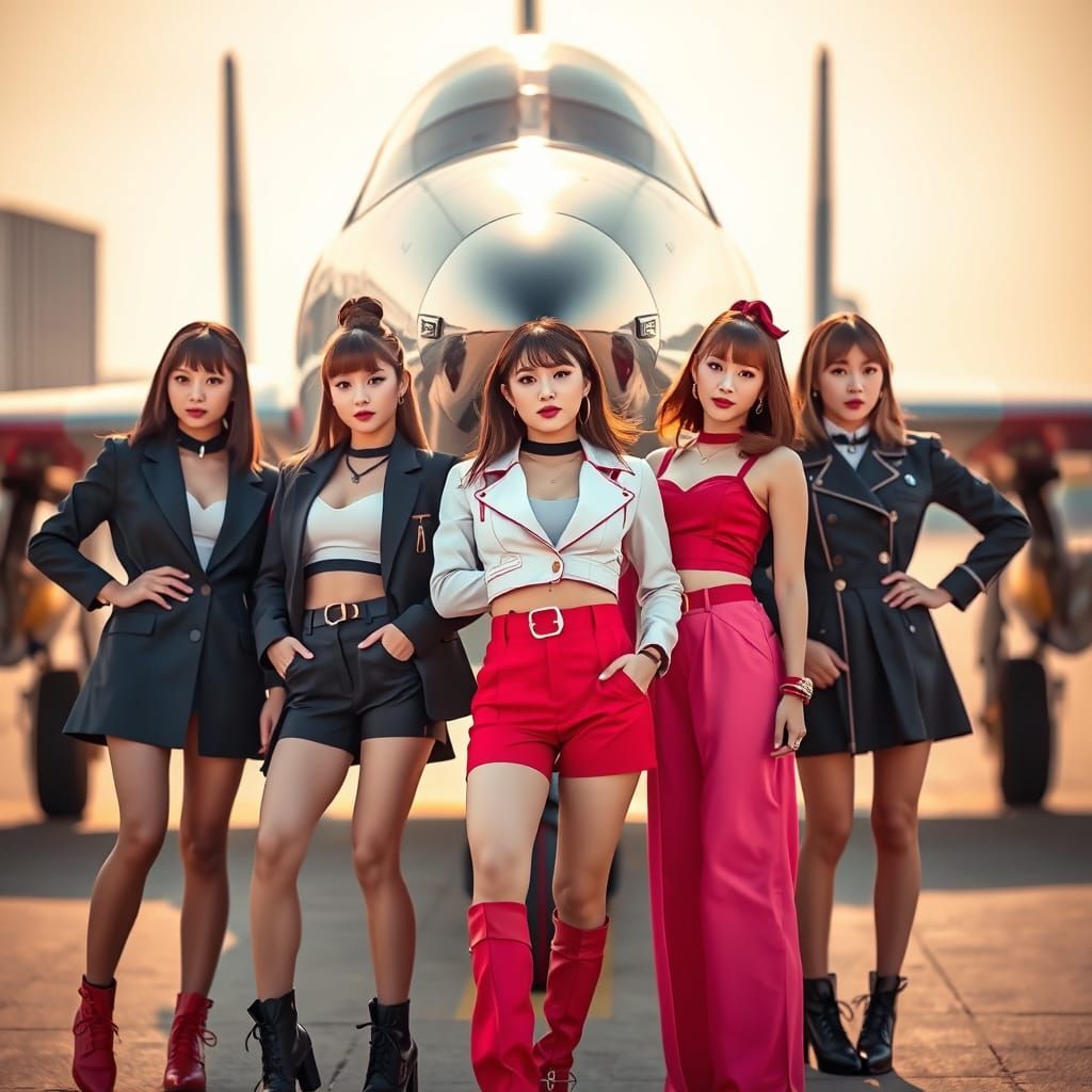 Sleek K-Pop Band Struts in Front of Metallic Fighter Plane