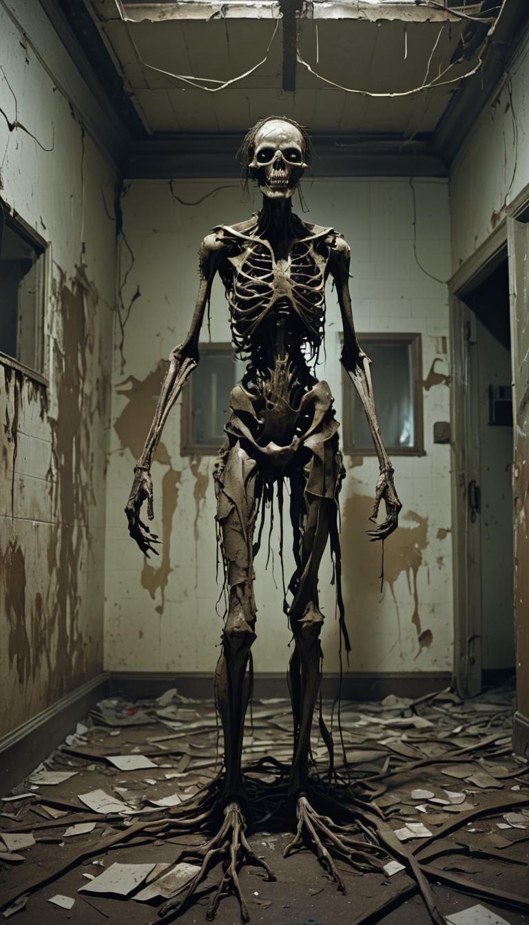 Horrifying Figure in Decaying Asylum: Hyper-Realistic Render