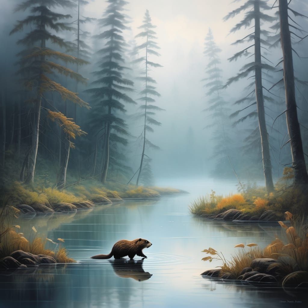 Serene Beaver Swimming in Misty Forest Landscape