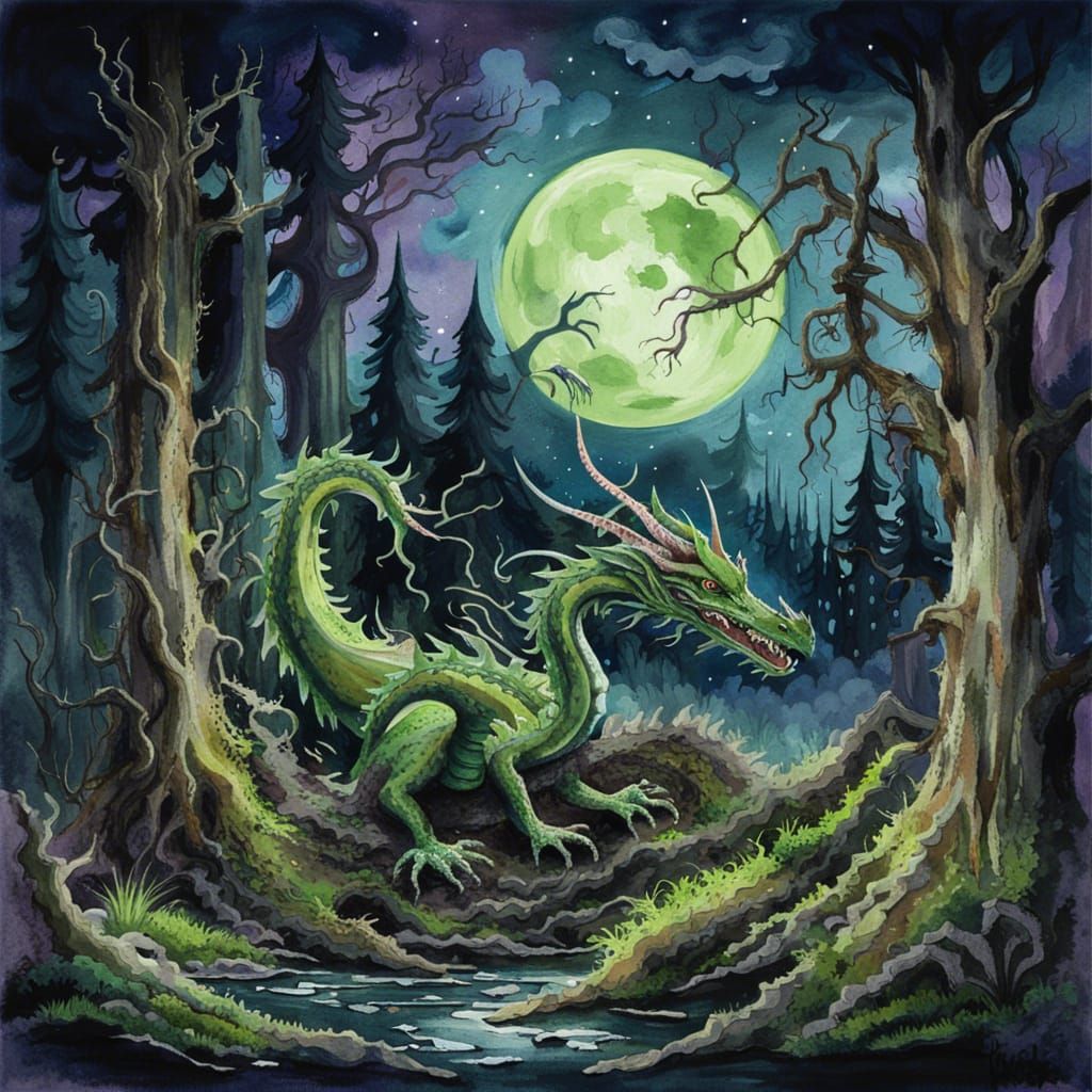 Gothic Horror Dragon in Dark Forest Under Moonlight
