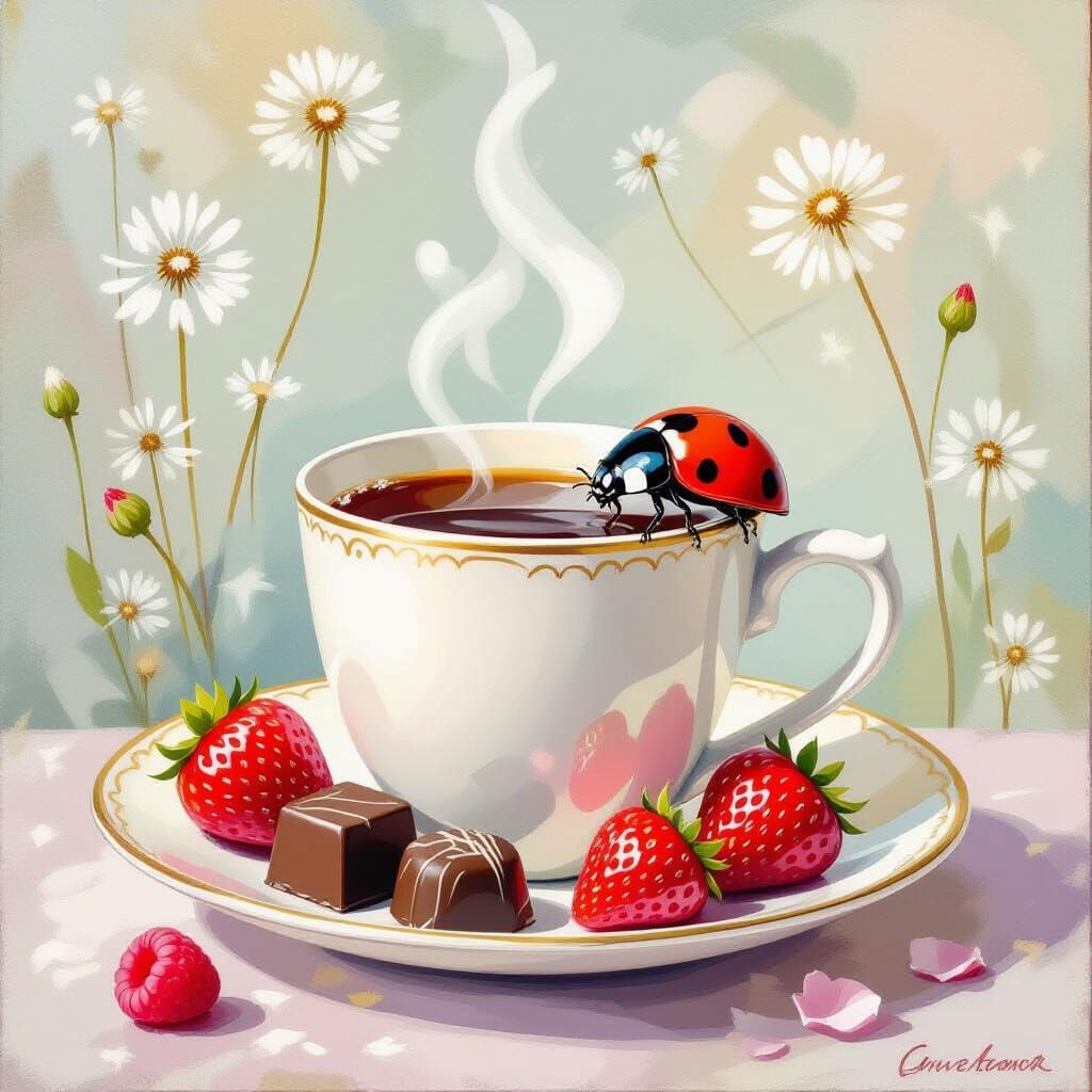 Ladybug and Steaming Cup in Impressionist Style