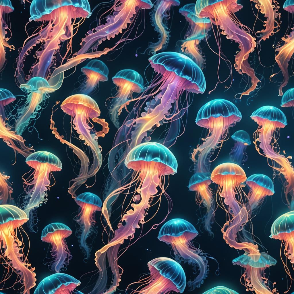 Glowing Jellyfish in Bioluminescent Blue Waves