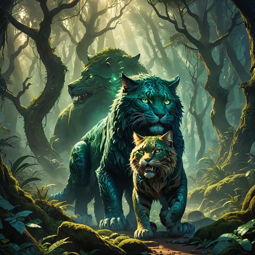 Drake Mewing a Giant Cat in Emerald Forest