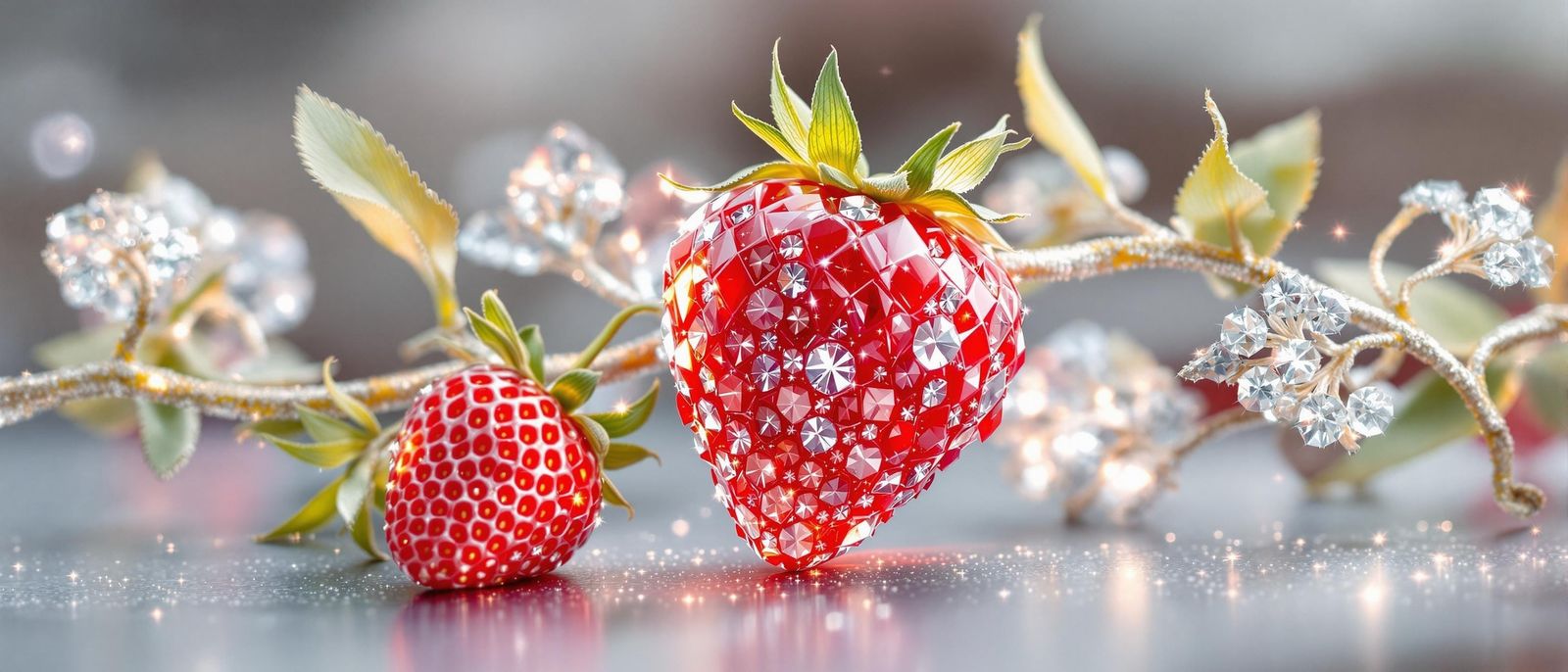 A Crystal Strawberry Adorns a Sparkling Silver Vine