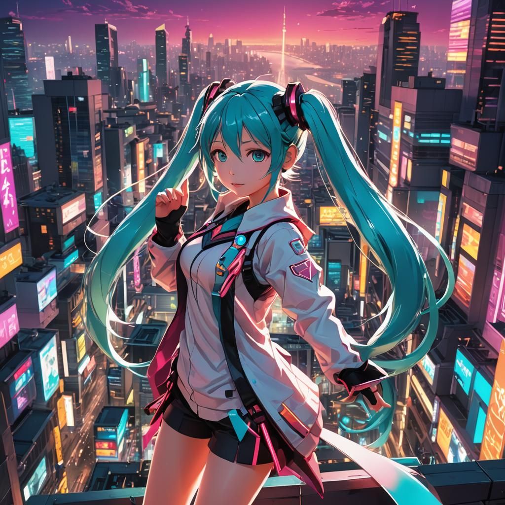 Hatsune Miku in a Vibrant Anime Cityscape