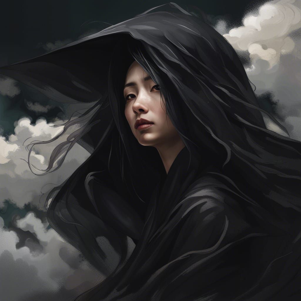 Ghostly Asian Lady in Flowing Black Robes
