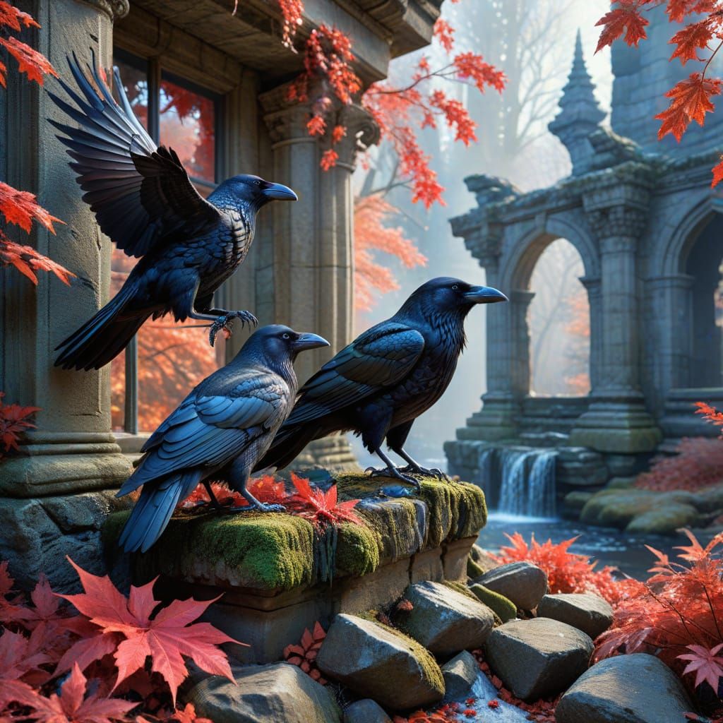 Photo-realistic Ravens in Frosty Autumn Ruins