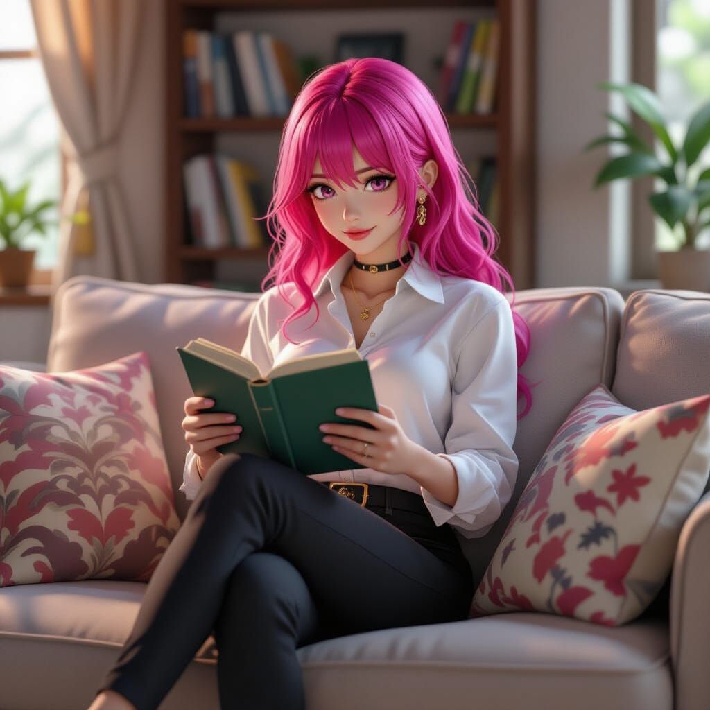 Anya Reading on Couch in Anime 3D Style