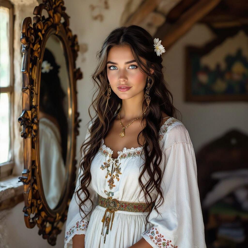 Medieval Woman with Celtic Dress in Art Nouveau Style