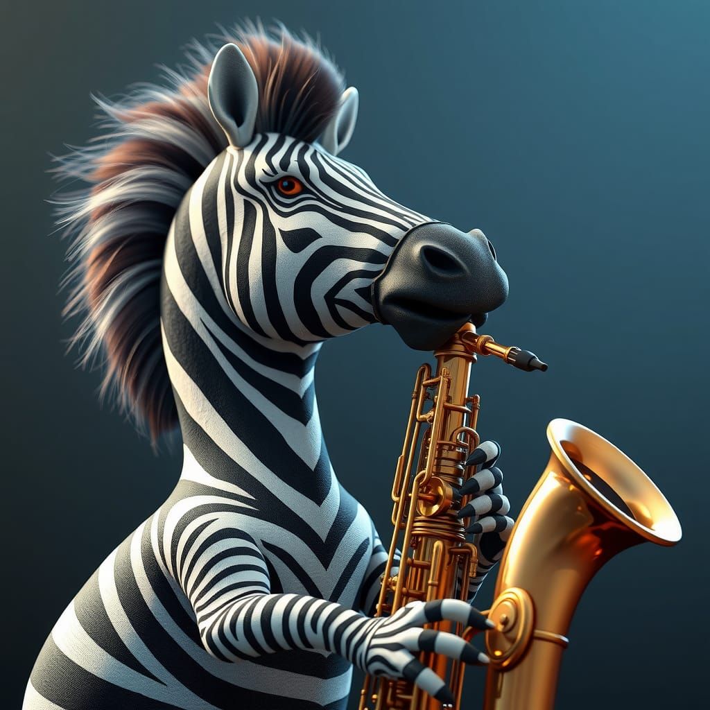 Adorable Zebra Plays Saxophone in 3D Anime Art
