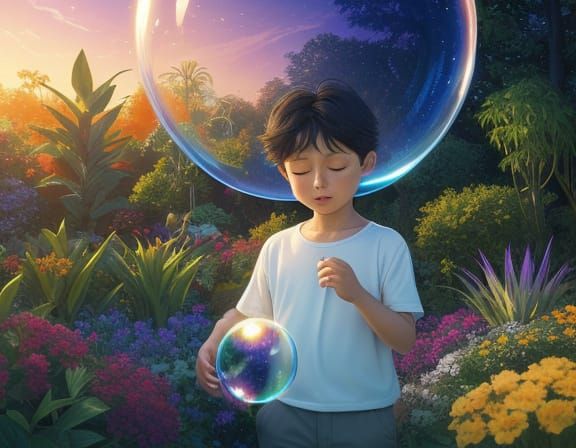 Magical Realism Child Cleans Bubble-Core in Aura Garden