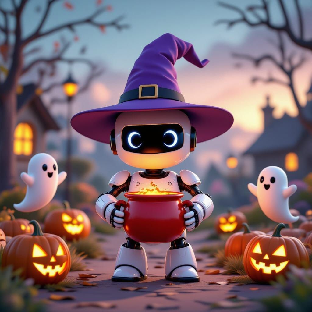 Anthropomorphic Robot Wizard in Halloween Landscape