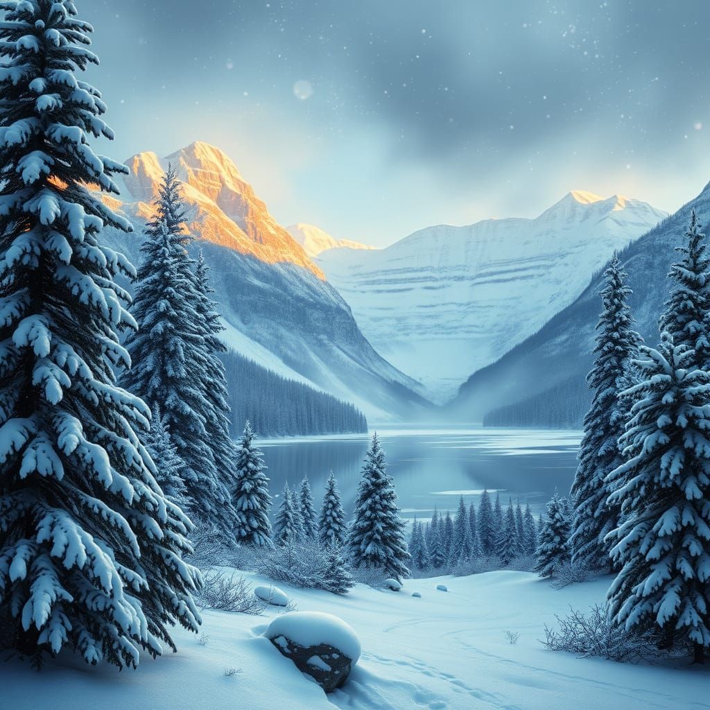 Winter Wonderland of Serene Mountains and Pine Trees