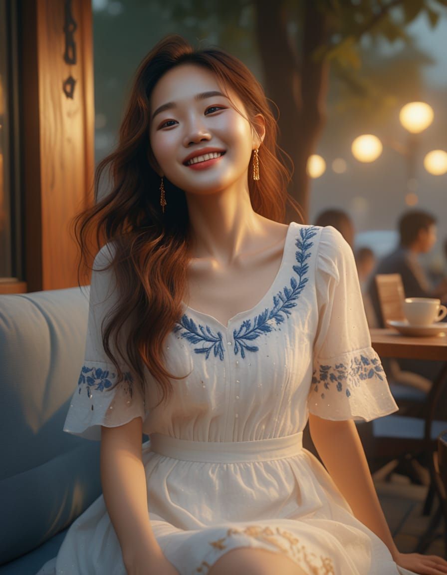 Korean Woman in Cafe: Romantic Realism Portrait