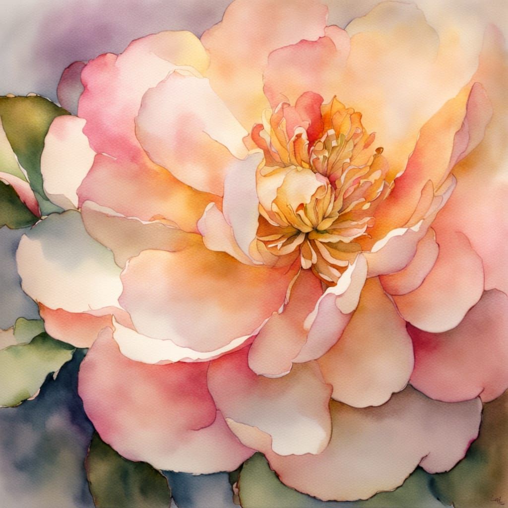 Sad Camelia in Watercolour with Golden Lighting